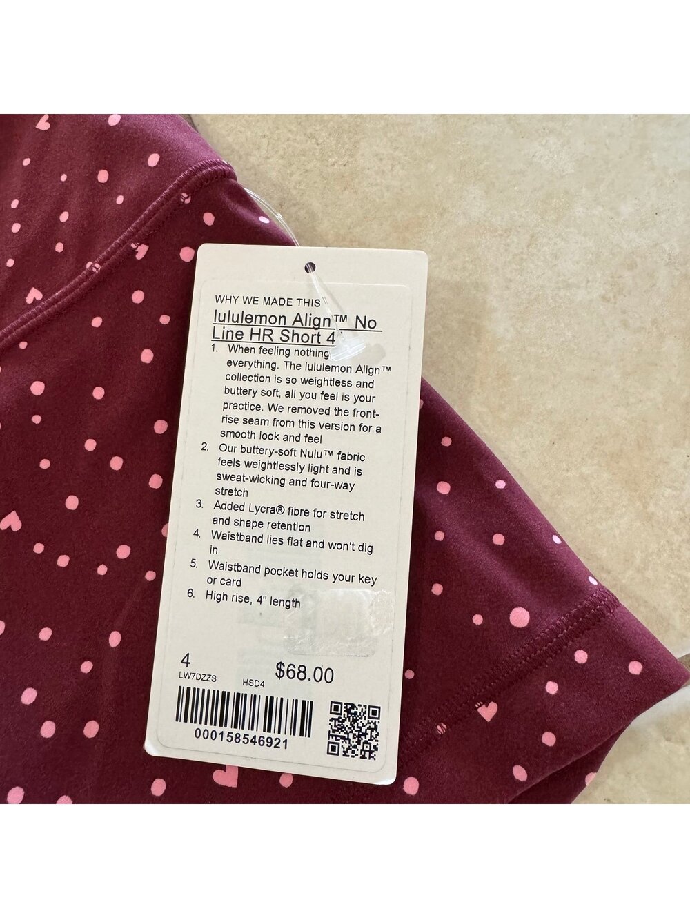 Lululemon Align No Line Short High Rise 4” Heart Scatter Dot Burgundy Size 4 NWT - Picture 3 of 6